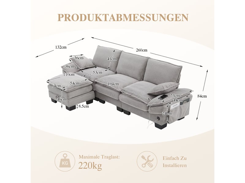Canapé d'angle réversible fixe 3 places tissu gris clair - Conforama C