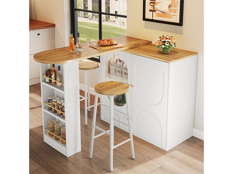  Îlot de cuisine avec 2 tabourets blanc effet bois portes vitrées et étagères réglables  - Conforama B