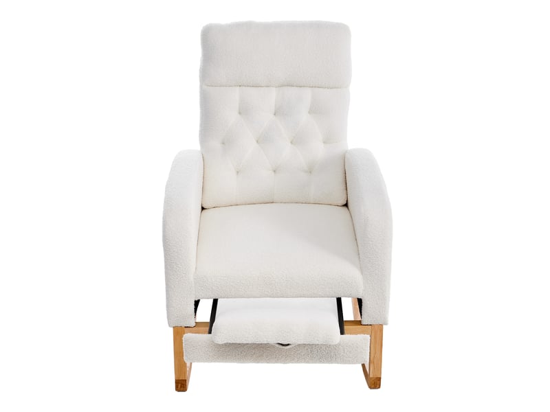 Fauteuil à bascule blanc en tissu bouclé avec repose-pieds réglable, poches latérales, 65,6x123x102 cm, salon chambre - Conforama A