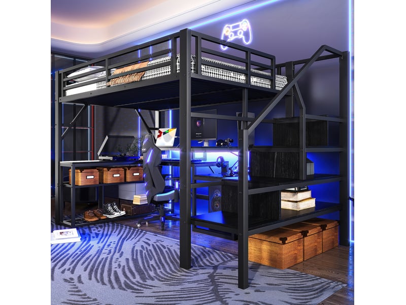 Lit mezzanine 140x200 cm en métal avec bureau, rangements, led et usb, noir - Conforama D