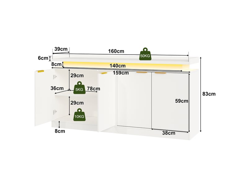Buffet 160x39x83 cm avec led rgb, 4 portes en mdf blanc - Conforama E