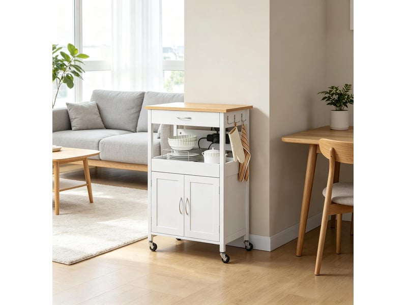  Desserte de cuisine 60 x 45 x 92 cm bambou et blanc en mdf, rangement avec prises et roulettes freinées  - Conforama E