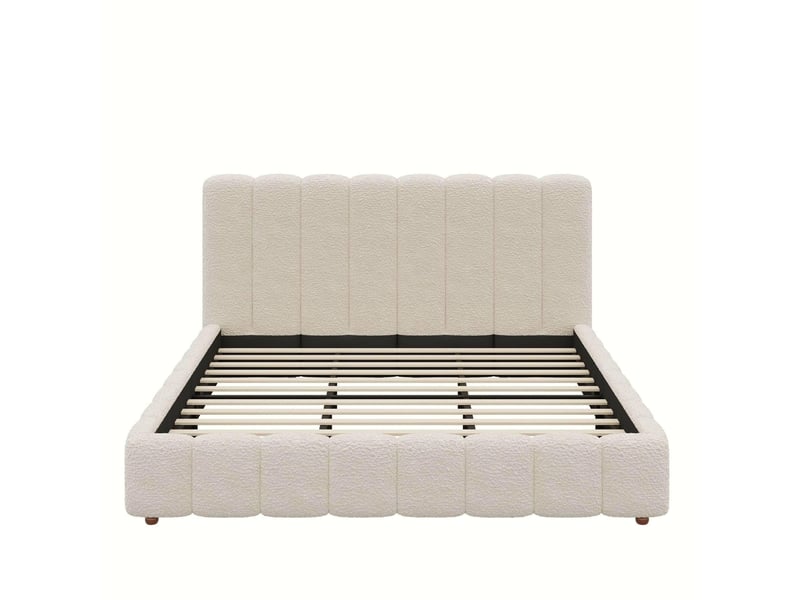  Lit double 180x200 cm avec sommier à lattes et tête de lit en bouclé, pieds en bois, couleur blanc, sans matelas  - Conforama E