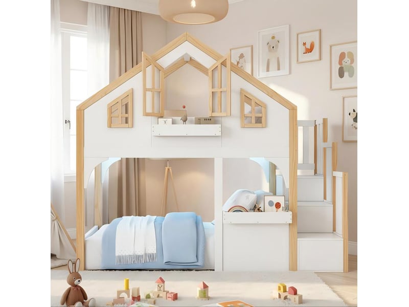  Lit superposé enfant 90x200 cm avec led, escalier de rangement, blanc et bois  - Conforama B