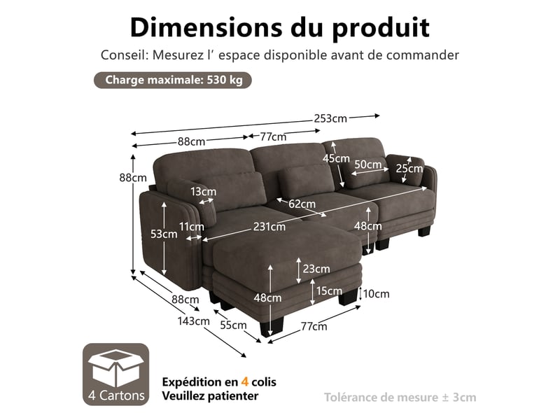  Canapé d’angle modulable 253 cm 3 places avec pouf, coussins d’accoudoir amovibles, coussins lombaires épais à soutien renforcé, chenille, brun café  - Conforama D