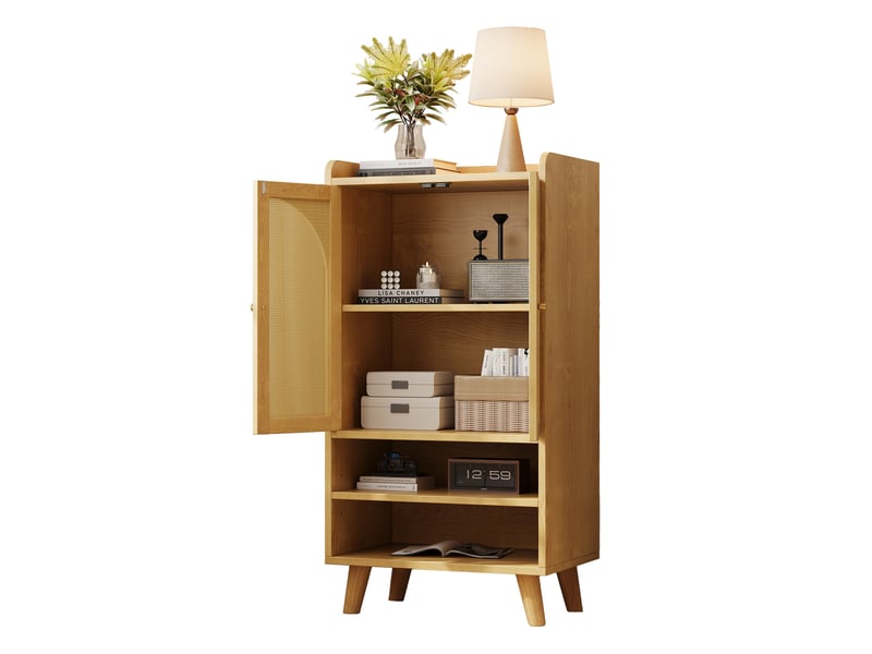 Buffet haut 60x40x121 cm naturel en panneaux de particules, 2 portes en rotin et 2 niches ouvertes de rangement - Conforama A