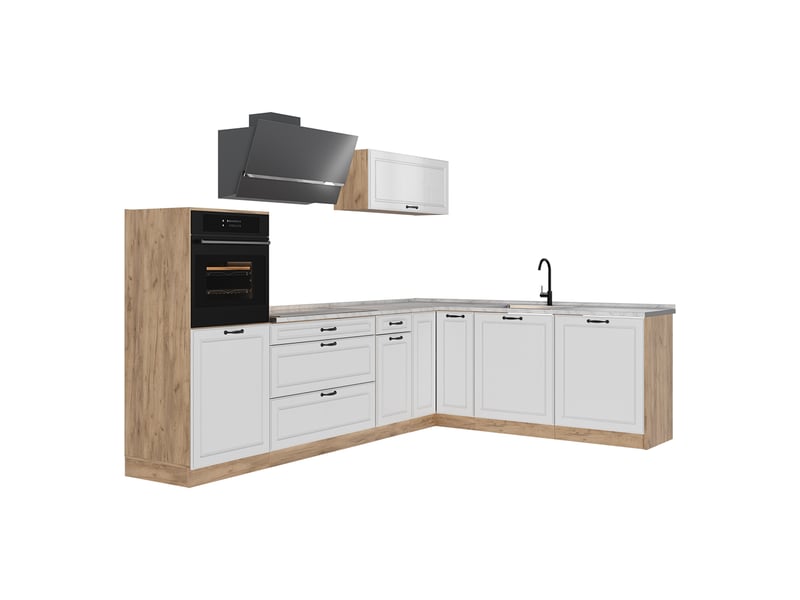 Vicco cuisine en angle, blanc campagnechêne doré, 287 x cm plan de travail marbre - Conforama A