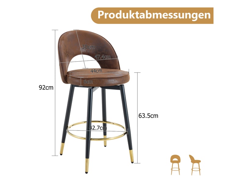  Tabouret de bar pivotant 360° avec dossier ajouré et assise ergonomique, en tissu brun et métal noir  - Conforama D