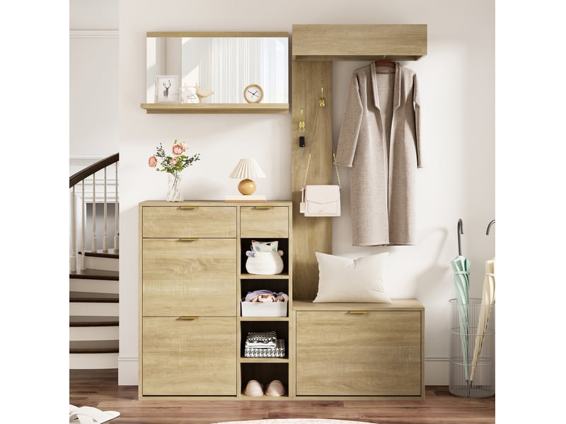  Ensemble d’entrée 4 pièces avec meuble à chaussures, banc, miroir mural  et porte-manteau, 130x30x174 cm, naturel  - Conforama B