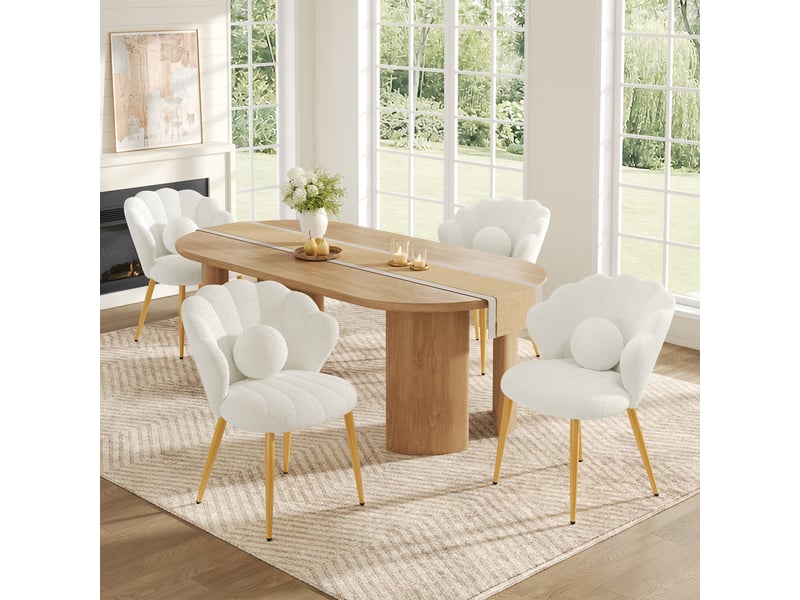  Lot de 4 fauteuils 60x62.5x83 cm tissu bouclé assise rembourrée dossier coquillage pieds en métal moderne blanc OPULERANE TRADING LTD - Conforama B