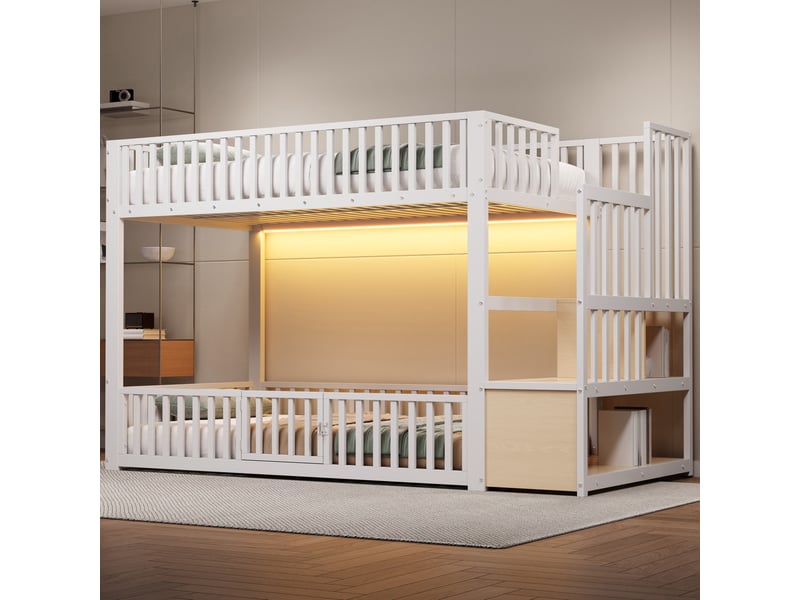 Lit superposé 90 x 200 cm, escalier avec rangement, éclairage led, blanc Bliss Lite - Conforama B