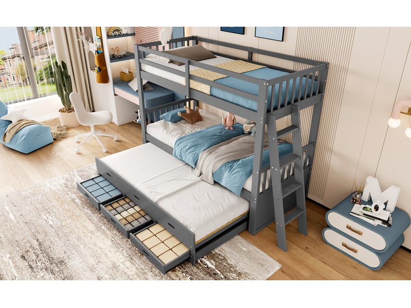  Lit superposé 90 × 200 cm, 3 tiroirs, forme maison, échelle, gris  - Conforama D