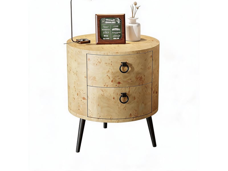  Table d'appoint ronde 2 tiroirs, bout canapé, chevet, style mid-century, bois naturel, pieds métal, rangement salon chambre PHO_346UKRXP - Conforama A