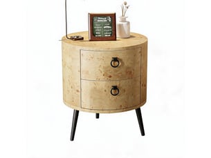 Table d'appoint ronde 2 tiroirs, bout canapé, chevet, style mid-century, bois naturel, pieds métal, rangement salon chambre