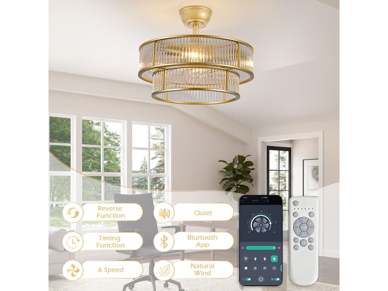  Ventilateur de plafond 50 cm éclairage led abs doré et verre 6 vitesses télécommande silencieux minuterie et mémoire  - Conforama D