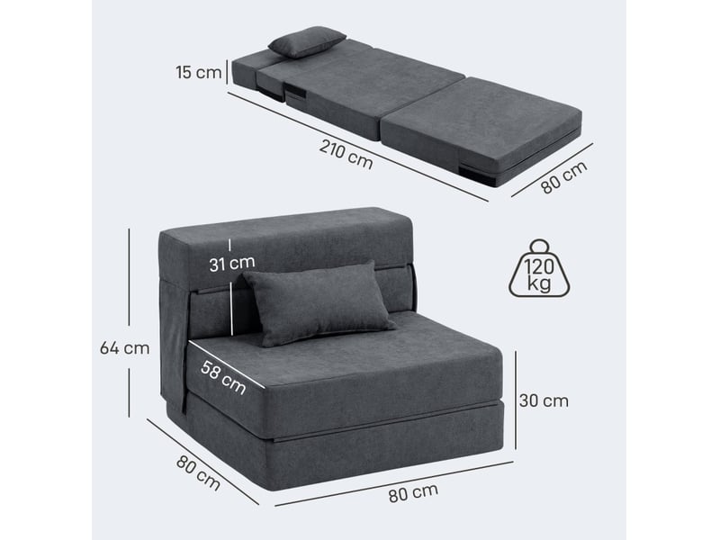  Fauteuil convertible ulevr 3 en 1 pliable en couchage 210 x 80 cm, coussin inclus, tissu aspect flanelle gris foncé  - Conforama C