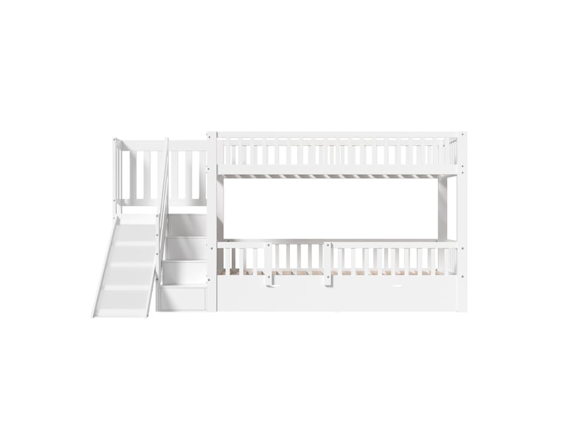  Lit superposé enfant 90x200 cm – blanc – toboggan, escalier, porte magnétique et 2 tiroirs – sans matelas  - Conforama E