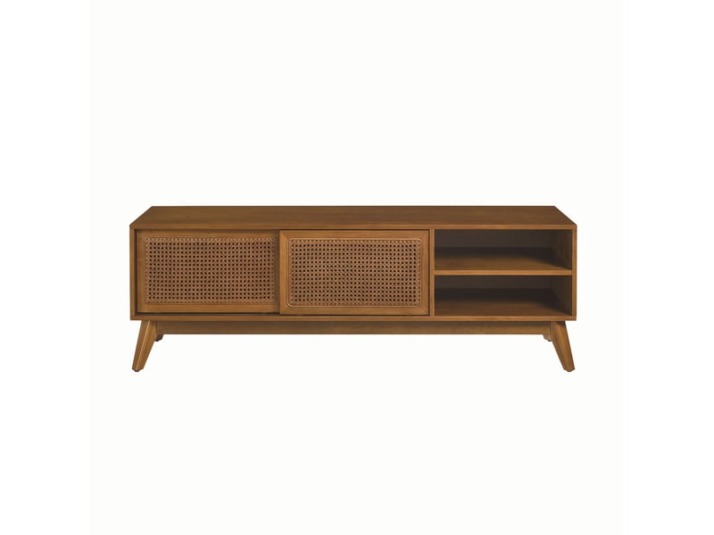  Meuble tv modenvie style moderne années 50 en mdf et bois 150 x 40 x 50 cm noyer clair avec portes en rotin  - Conforama A