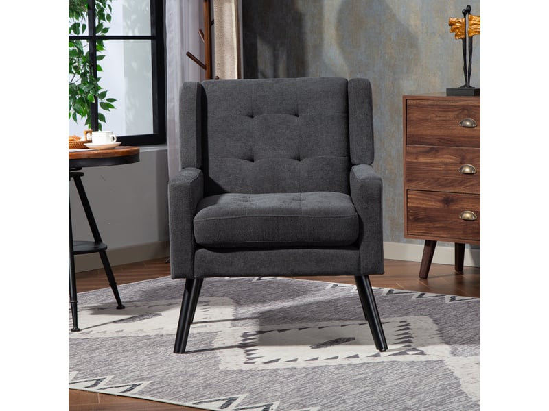  Fauteuil d'accent  68x76x88cm – style mid-century modern - avec assise rembourrée capitonnée et pieds en bois massif – lin - anthracite  - Conforama D