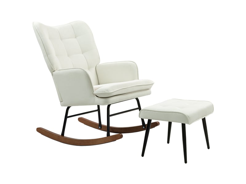  Fauteuil à bascule avec repose-pieds, mécanisme de bascule doux, imitation lin, 64 x 89 x 90 cm, blanc crème  - Conforama A