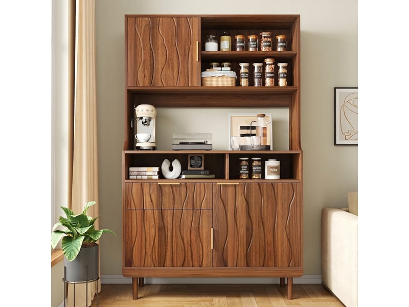 Buffet haut en noyer armoire de rangement avec tiroir et portes meuble de cuisine à étagères ouvertes - Conforama B