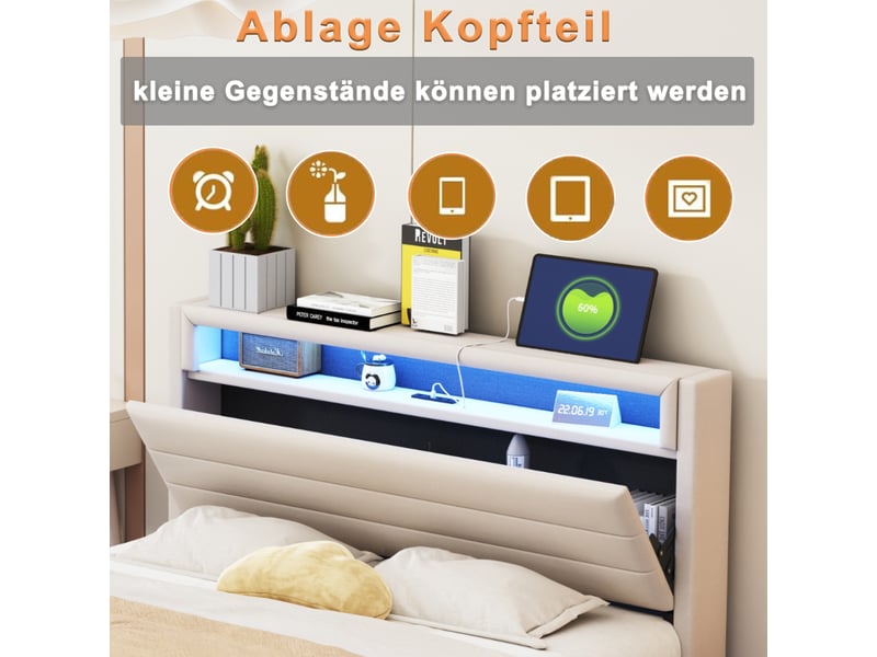  Lit 140x200 cm en lin beige avec led et usb, tête de lit réversible - design moderne  - Conforama D