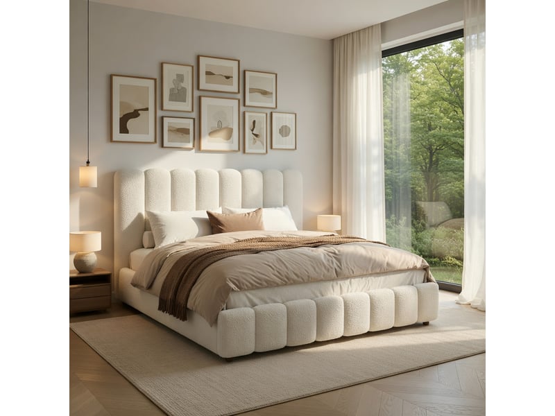  Lit pour adulte 160 × 200 cm, avec sommier et tête de lit, tissu bouclé, blanc  - Conforama B