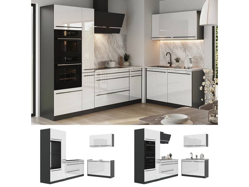 Vicco cuisine en angle, blanc haute brillanceanthracite, 230 x 120 cm plan de travail anthracite - Conforama D