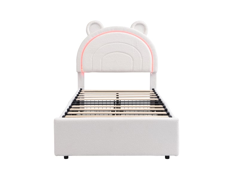  Lit enfant 90x200 cm avec 4 tiroirs et led,  en velours beige, sans matelas  - Conforama D