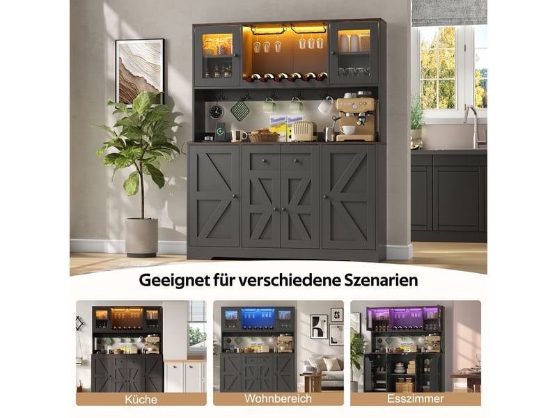  Buffet haut de cuisine 140x40x173 cm avec led rgb, 2 prises, 2 usb, casier à vin, porte-verres, portes acrylique, étagères réglables, mdf noir  - Conforama E