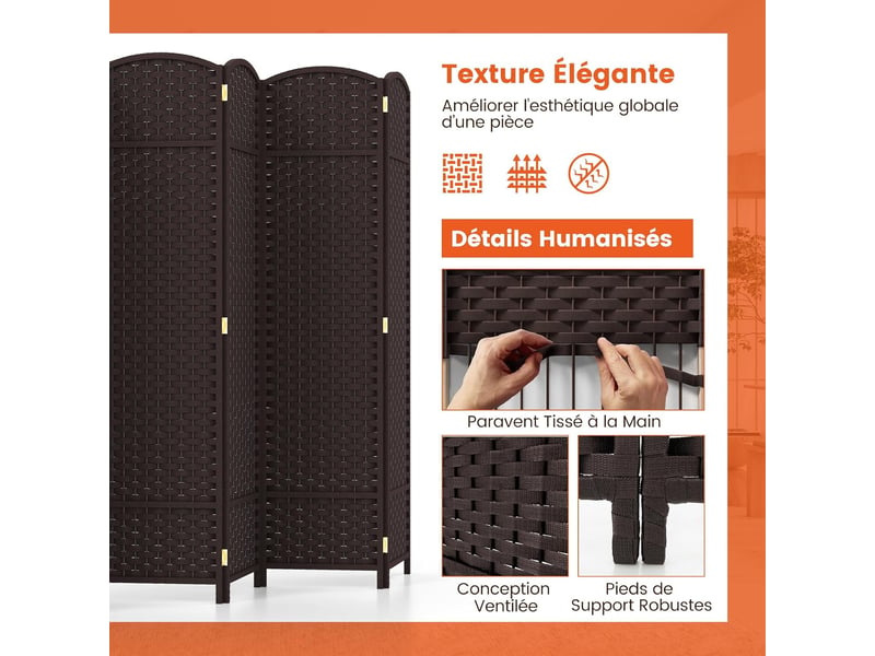  Costway grand paravent pliant, 6 panneaux, texture tissée à la main, cadre en bois massif de pin (marron)  - Conforama D