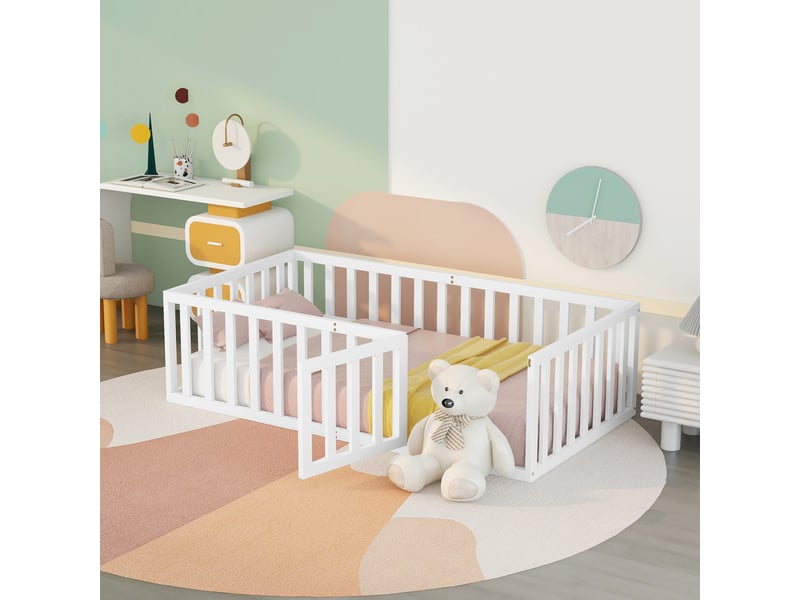  Lit enfant 90x200 au sol avec barrière et porte - cadre en bois massif blanc  - Conforama B