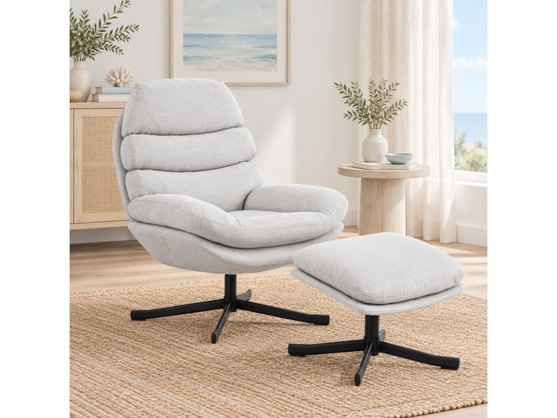  Fauteuil relax pivotant 360° avec repose-pieds en chenille blanc crème 78x93x100 cm  - Conforama D