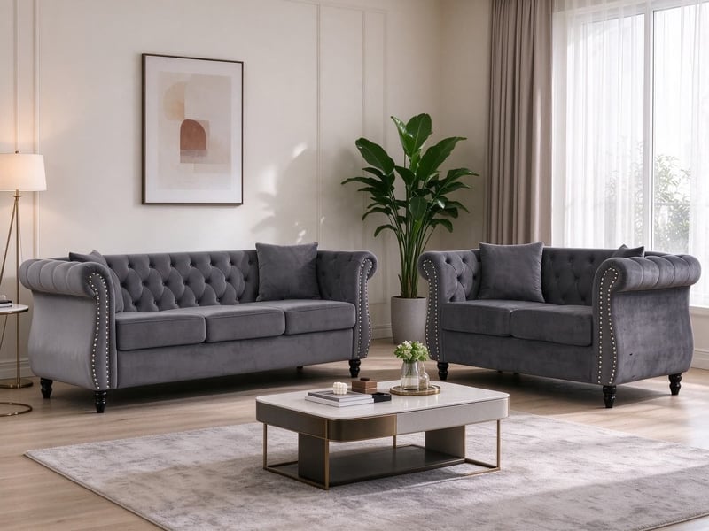  Canapé droit chesterfield en velours, capitonnage à boutons, clous argentés, bras recourbés, 5 places soit un canapé 3 places et un canapé 2 places, gris  - Conforama B