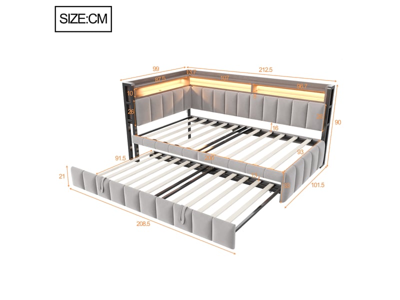  Lit banquette gigogne 90x200cm avec couchage extractible, rangements en tête et au pied, éclairage led, ports usb et type-c, velours, gris clair evarich - Conforama C