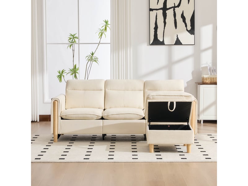  Canapé d’angle modulable 3 places avec méridienne réversible et coffre, poches latérales, pieds en bois massif, tissu chenille, beige  - Conforama D