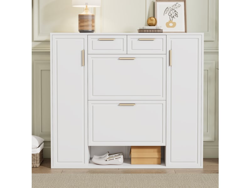  Meuble à chaussures 120x24x107 cm avec rangements réglables, 2 tiroirs, mdf et panneau de particules blanc  - Conforama B
