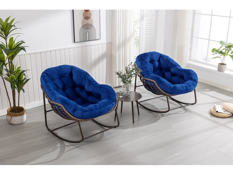  Fauteuil à bascule extérieur 78x106x90 cm – bleu marine – coussin rembourré, acier et rotin synthétique  - Conforama B