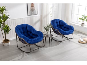 Fauteuil à bascule extérieur 78x106x90 cm – bleu marine – coussin rembourré, acier et rotin synthétique