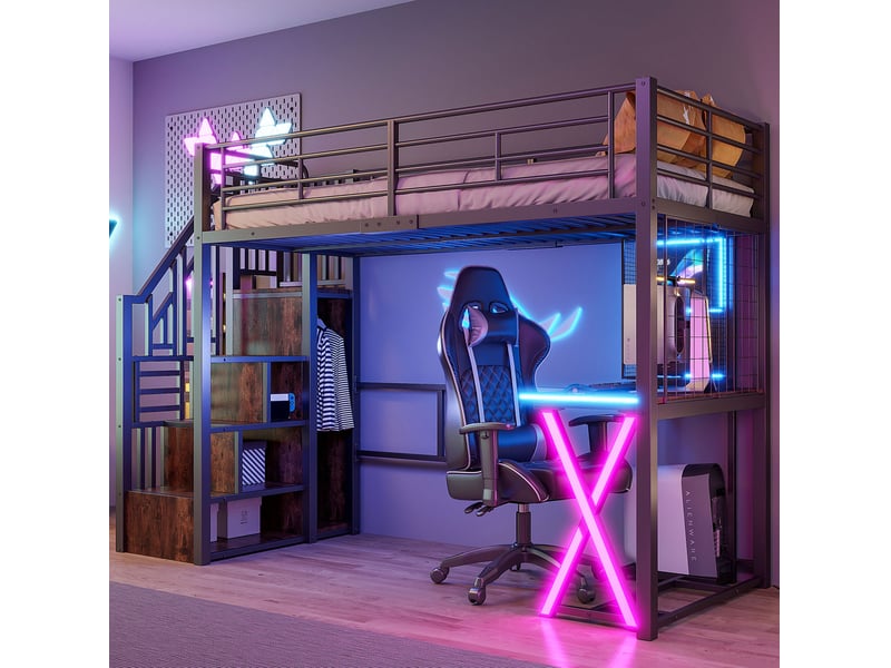  Lit mezzanine 90x200 cm avec bureau, armoire, rangements et led noir  - Conforama B