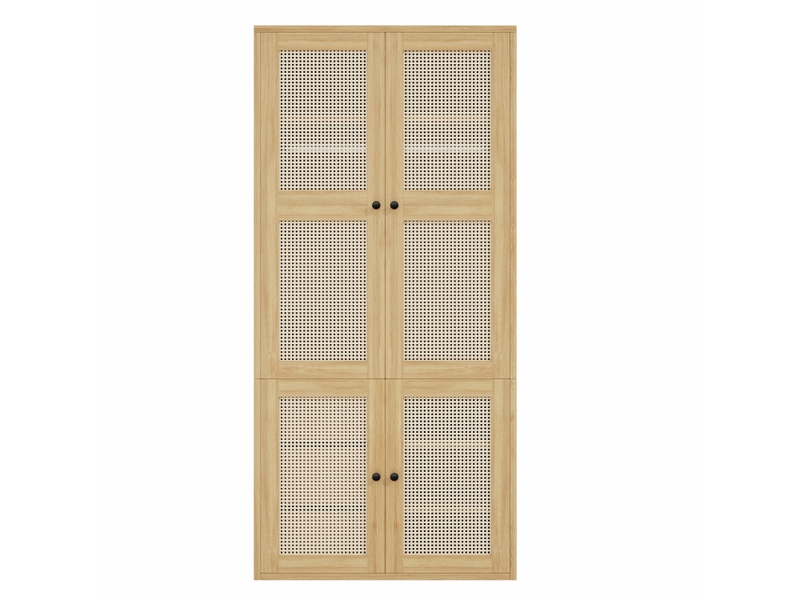  Armoire de chambre 90 x 47 x 200 cm, façade effet rotin, 3 tiroirs et 2 portes battante, 1 penderie, 4 étagères, chêne  - Conforama A