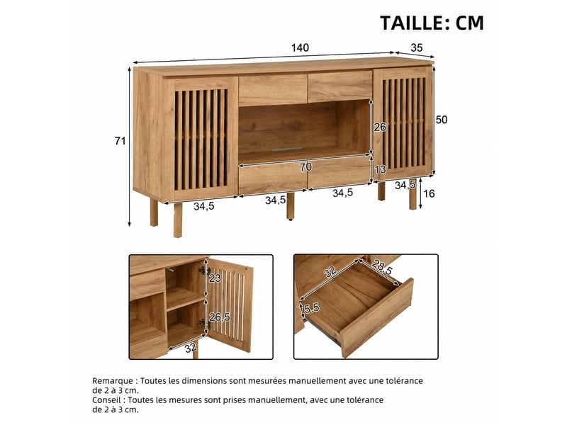  Buffet 140 x 35 x 71 cm, 4 tiroirs et 2 portes à persiennes, couleur bois naturel  - Conforama C