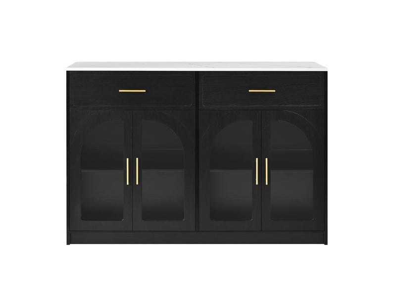 Îlot de cuisine noir avec éclairage led, tiroirs, étagères réglables et portes vitrées - Conforama A