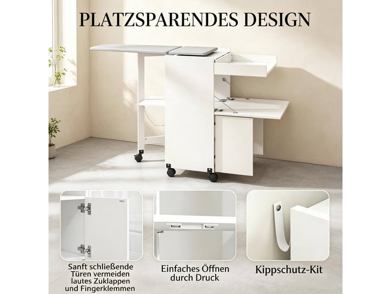 Table à repasser pliable avec meuble de rangement blanc sur roulettes, idéale pour une buanderie organisée  - Conforama D