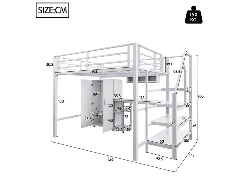  Lit mezzanine enfant 140 x 200 cm blanc avec armoire, étagères et bureau  - Conforama E