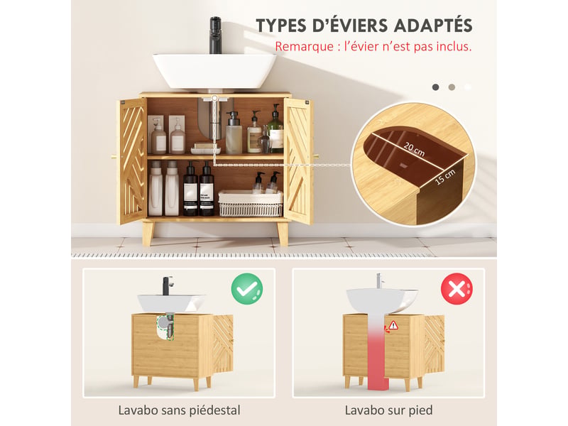  Meuble sous lavabo en bambou 2 portes 60 x 30 x 60 cm naturel  - Conforama D