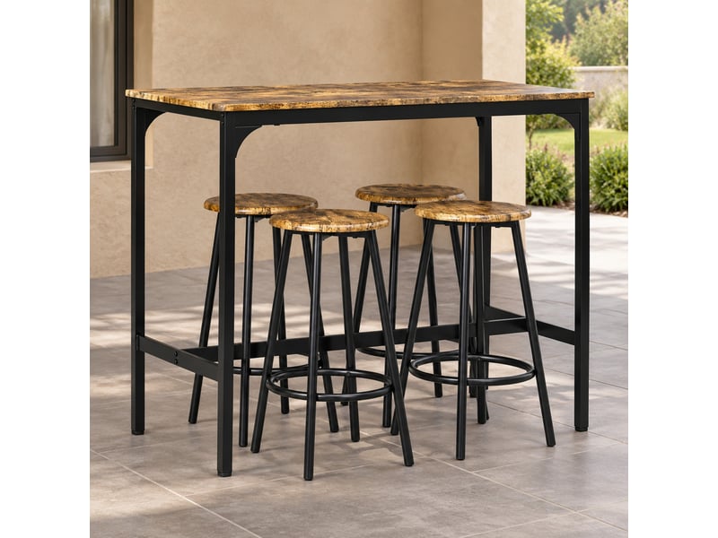  Ensemble table et chaises de bar avec 1 table et 4 tabourets  - repose-pieds - mdf et métal - marron  - Conforama C