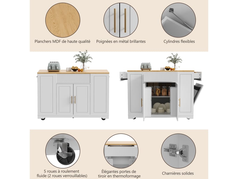  Îlot de cuisine mobile 120 x 50 x 92 cm avec espace poubelle, 2 portes, 3 tiroirs et rangement, blanc  - Conforama E