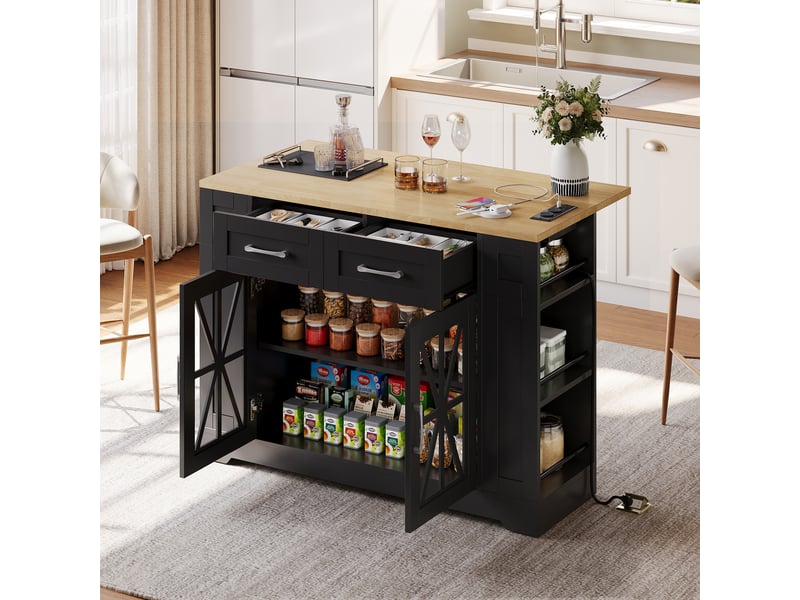  Îlot de cuisine sur roulettes 120cm avec table pliante, prises électriques et portes en verre, desserte noir et bois  - Conforama B