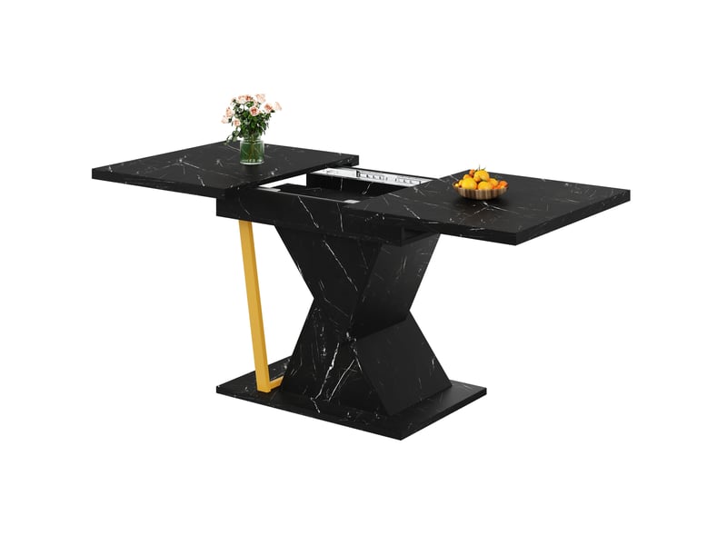  Table à manger extensible 110140x80x76 cm rallonge intégrée plateau effet marbre(matériau non marbré), mdf+métal, noir  - Conforama D